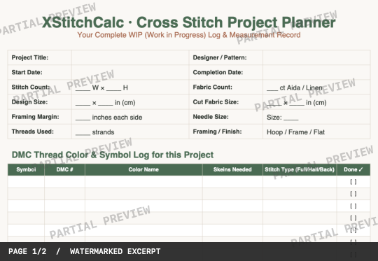 Actual planner page: cropped measurement fields and part of the project color and symbol log.
