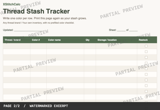 Actual stash tracker page: cropped blank thread-brand, color, quantity and storage rows.