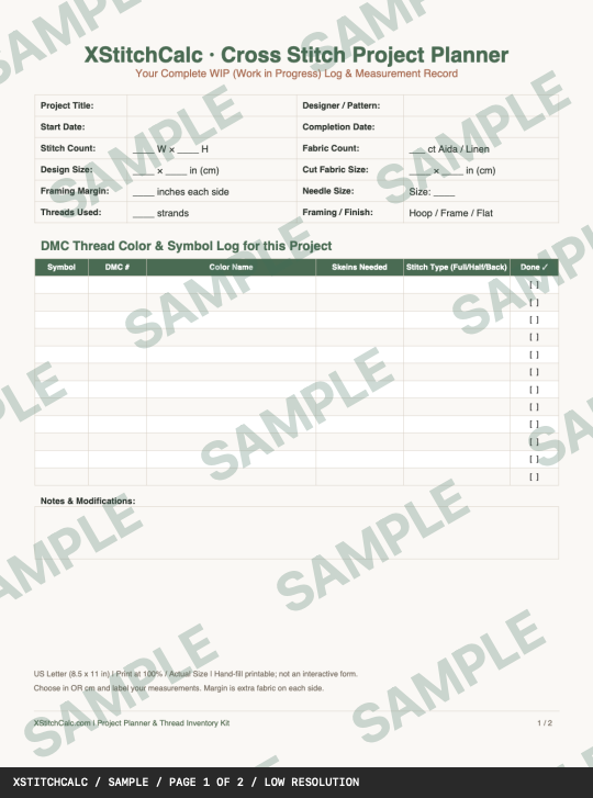 SAMPLE watermarked full project planner page: measurements, finishing notes, and a color and symbol log.