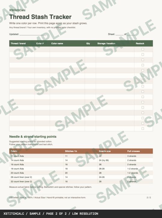 SAMPLE watermarked full thread stash page: blank brand, color, quantity, storage and restocking rows.
